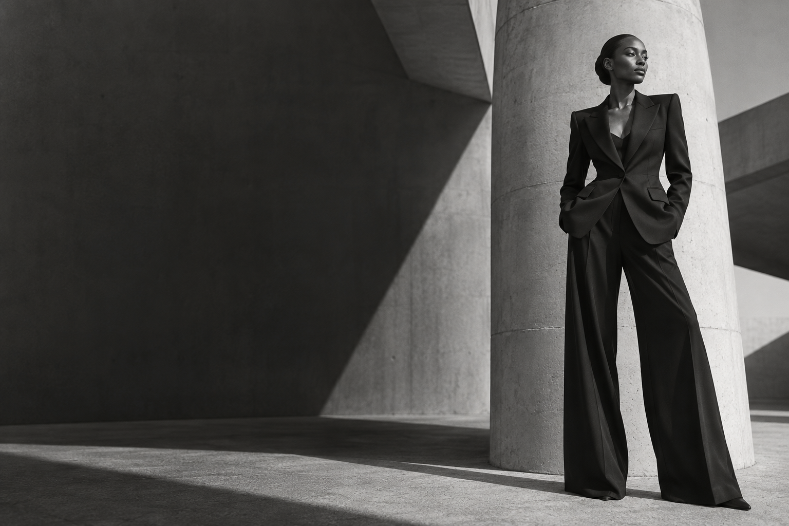 Sculptural black tailoring against a concrete architectural backdrop